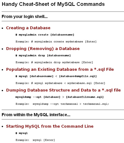 A cheat sheet of some mySQL commands.