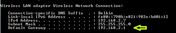 Finding the default gateway in an IPconfig command.